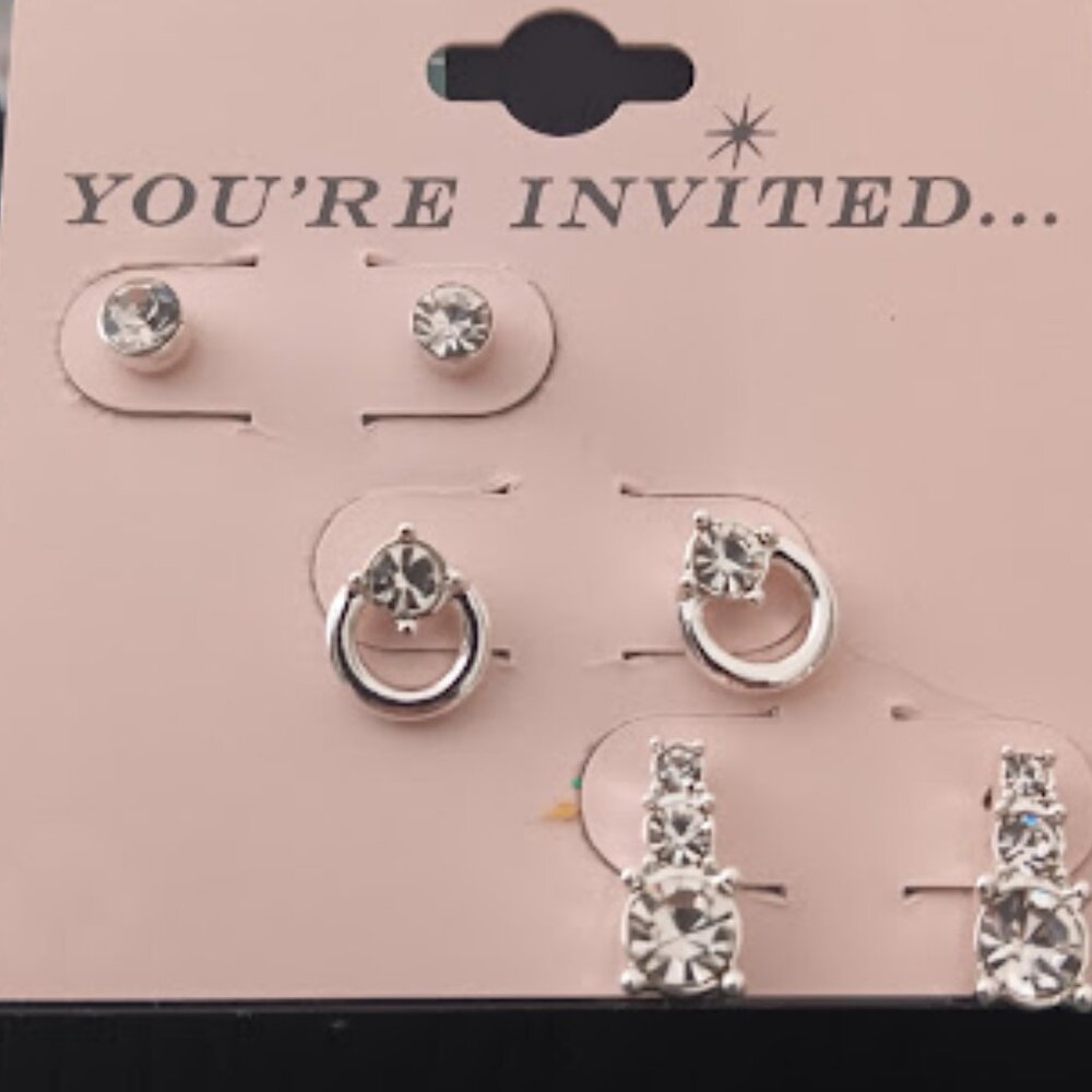 YOU'RE INVITED 3pc SET Mod/Contemporary Silver Clear Crystal Stud Earrings**NEW!